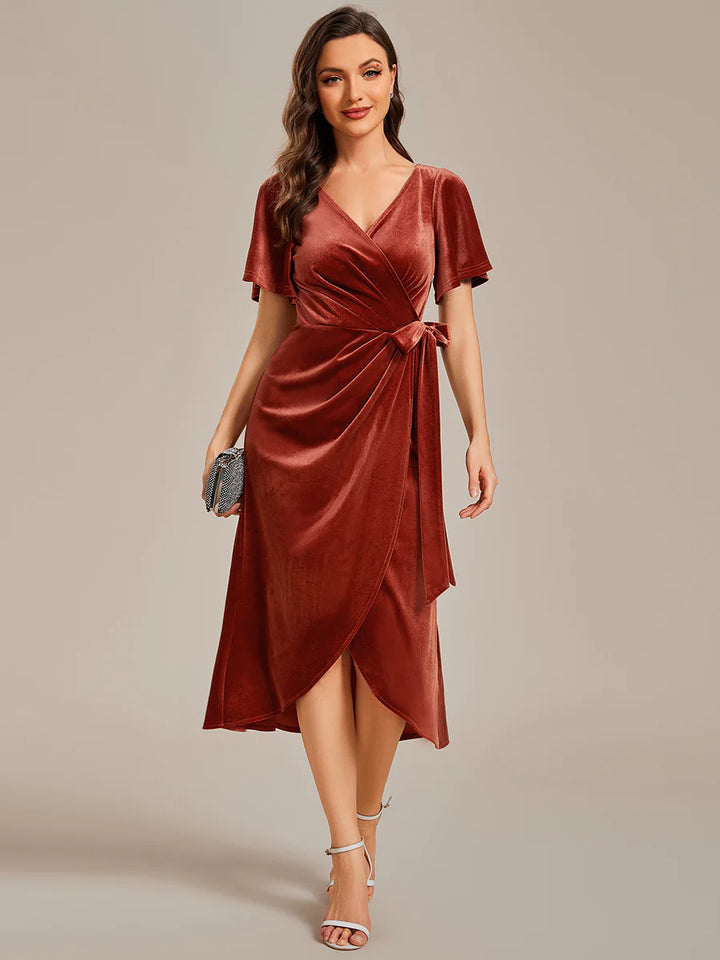 One-piece Type Velvet Tea Length Evening Dress - CALABRO®