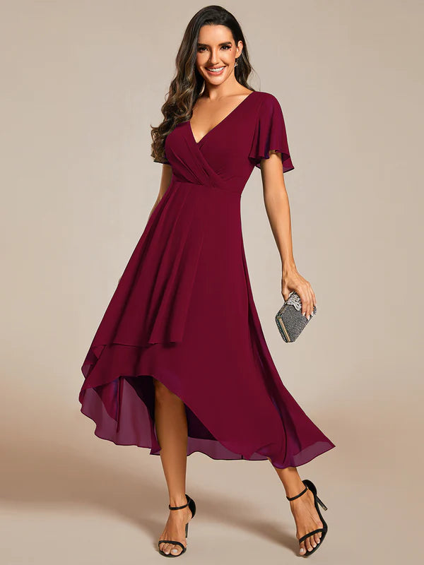 V-Neck Midi Chiffon Bridesmaid Dress with Ruffles Sleeve