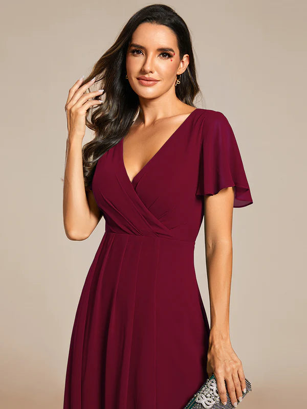 V-Neck Midi Chiffon Bridesmaid Dress with Ruffles Sleeve