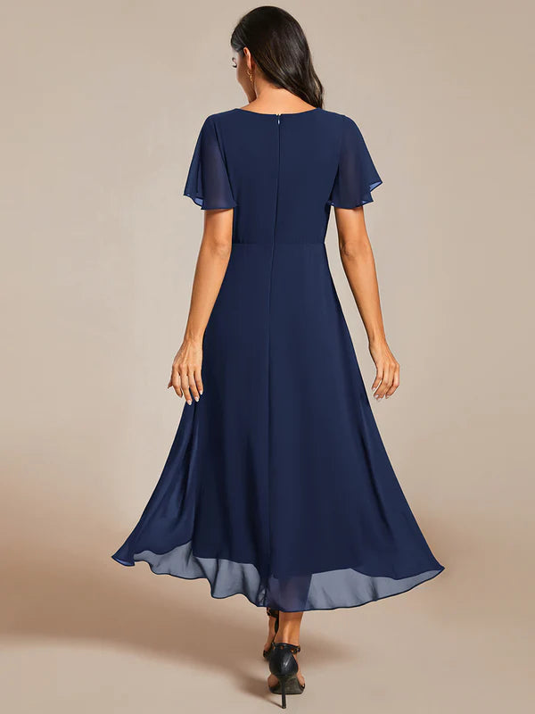 V-Neck Midi Chiffon Bridesmaid Dress with Ruffles Sleeve