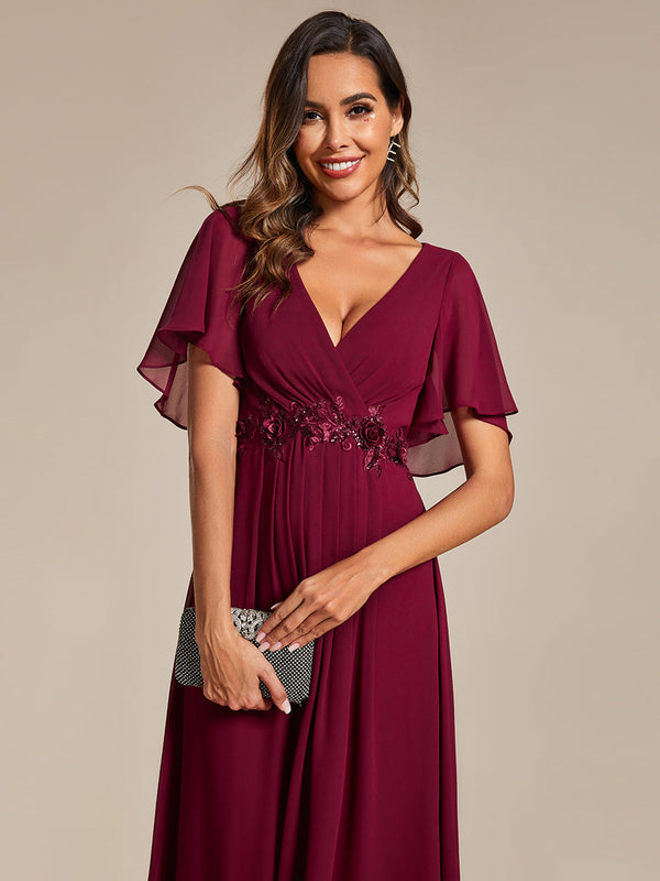 Applique V Neck Tea Length Wedding Guest Dress With Short Sleeves