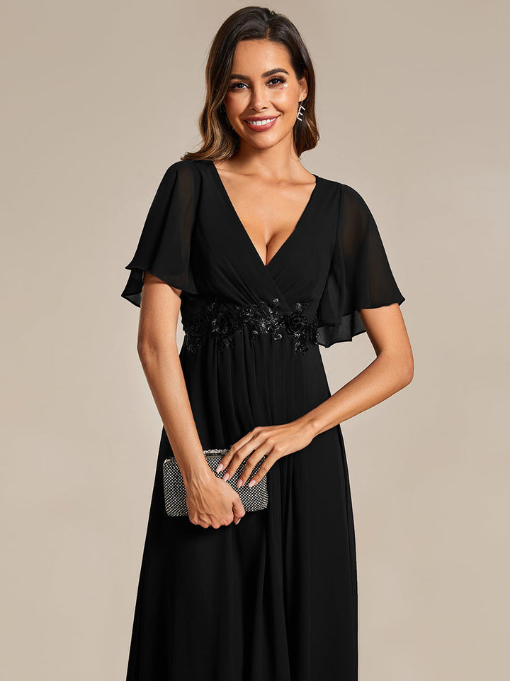 Applique V Neck Tea Length Wedding Guest Dress With Short Sleeves - CALABRO®