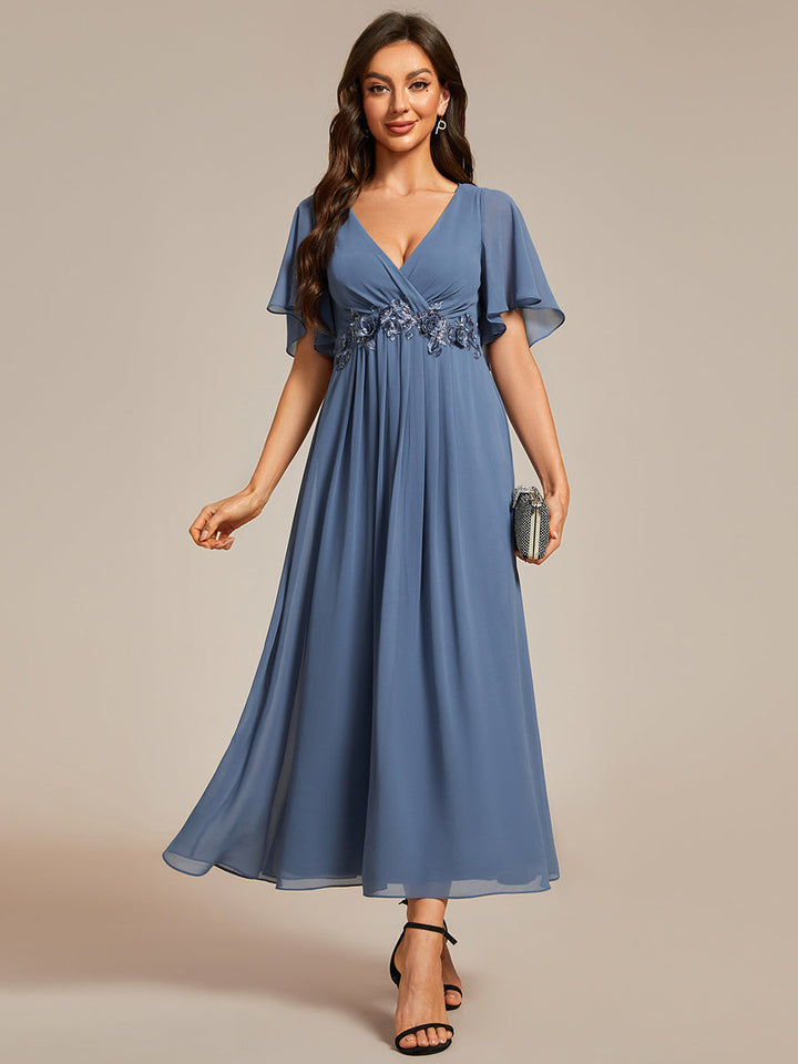 Applique V Neck Tea Length Wedding Guest Dress With Short Sleeves - CALABRO®