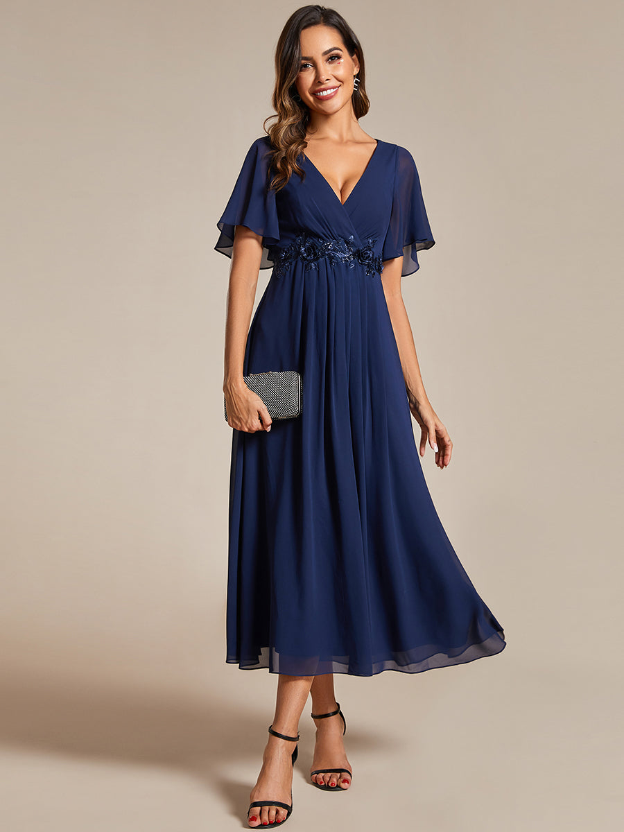 Applique V Neck Tea Length Wedding Guest Dress With Short Sleeves - CALABRO®