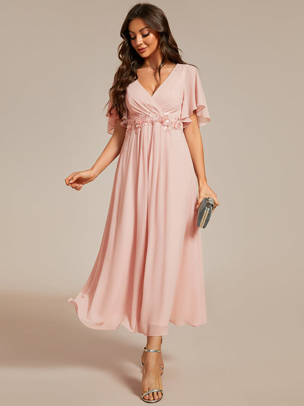 Applique V Neck Tea Length Wedding Guest Dress With Short Sleeves