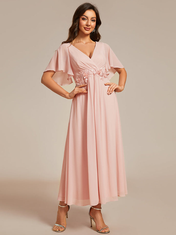 Applique V Neck Tea Length Wedding Guest Dress With Short Sleeves - CALABRO®