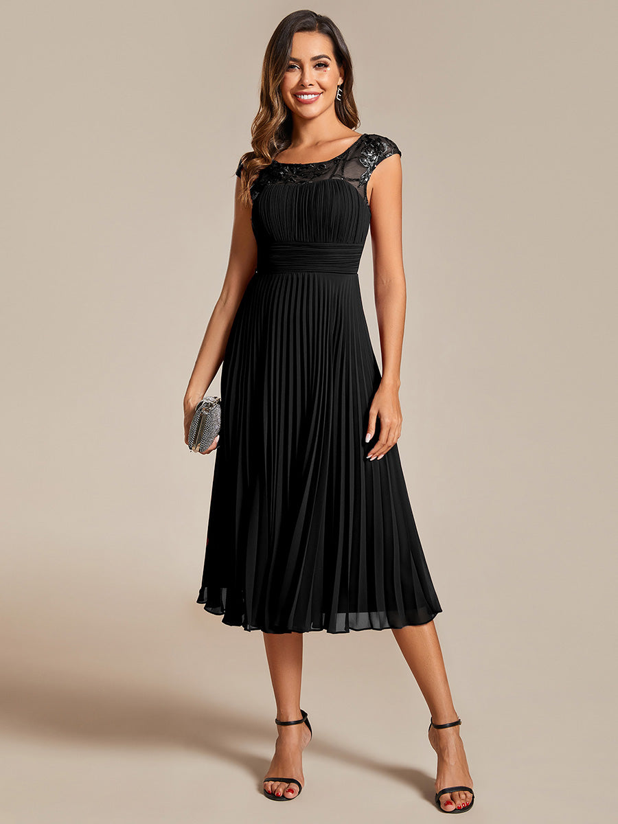 Embroidery Round Neck Tea Length Wedding Guest Dress With Raglan Sleeves - CALABRO®