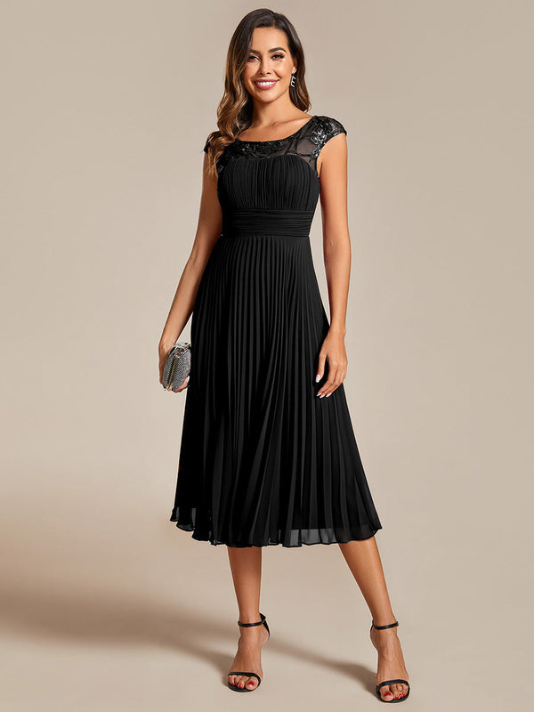 Embroidery Round Neck Tea Length Wedding Guest Dress With Raglan Sleeves