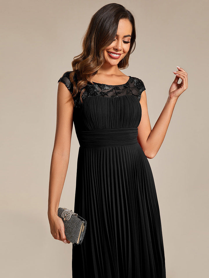 Embroidery Round Neck Tea Length Wedding Guest Dress With Raglan Sleeves - CALABRO®