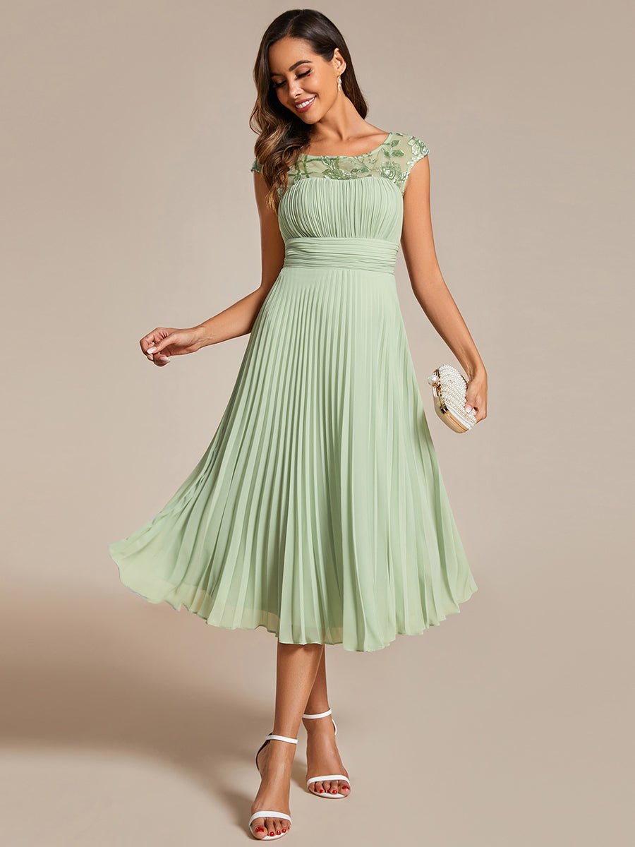 Embroidery Round Neck Tea Length Wedding Guest Dress With Raglan Sleeves - CALABRO®