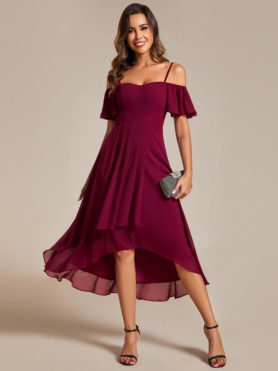 Chiffon Spaghetti Strap Cold Shoulder Tea Length Wedding Guest Dress - CALABRO®