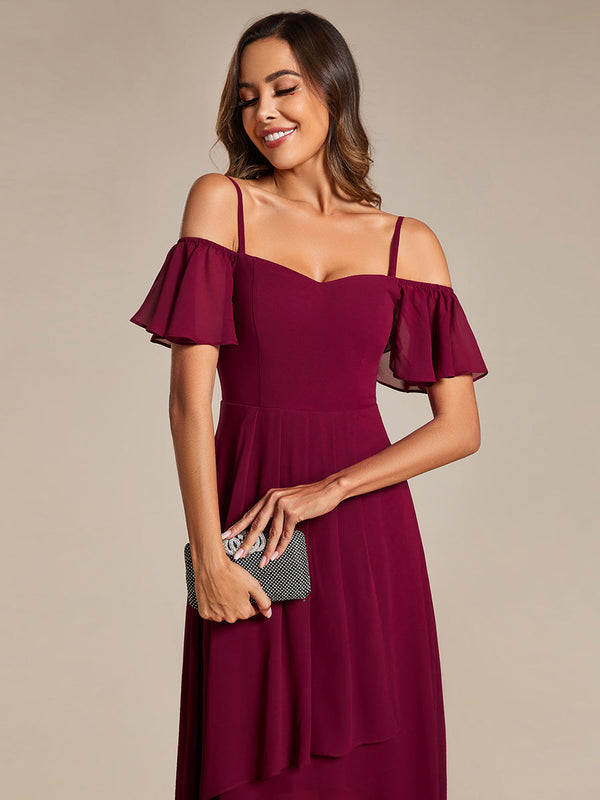 Chiffon Spaghetti Strap Cold Shoulder Tea Length Wedding Guest Dress