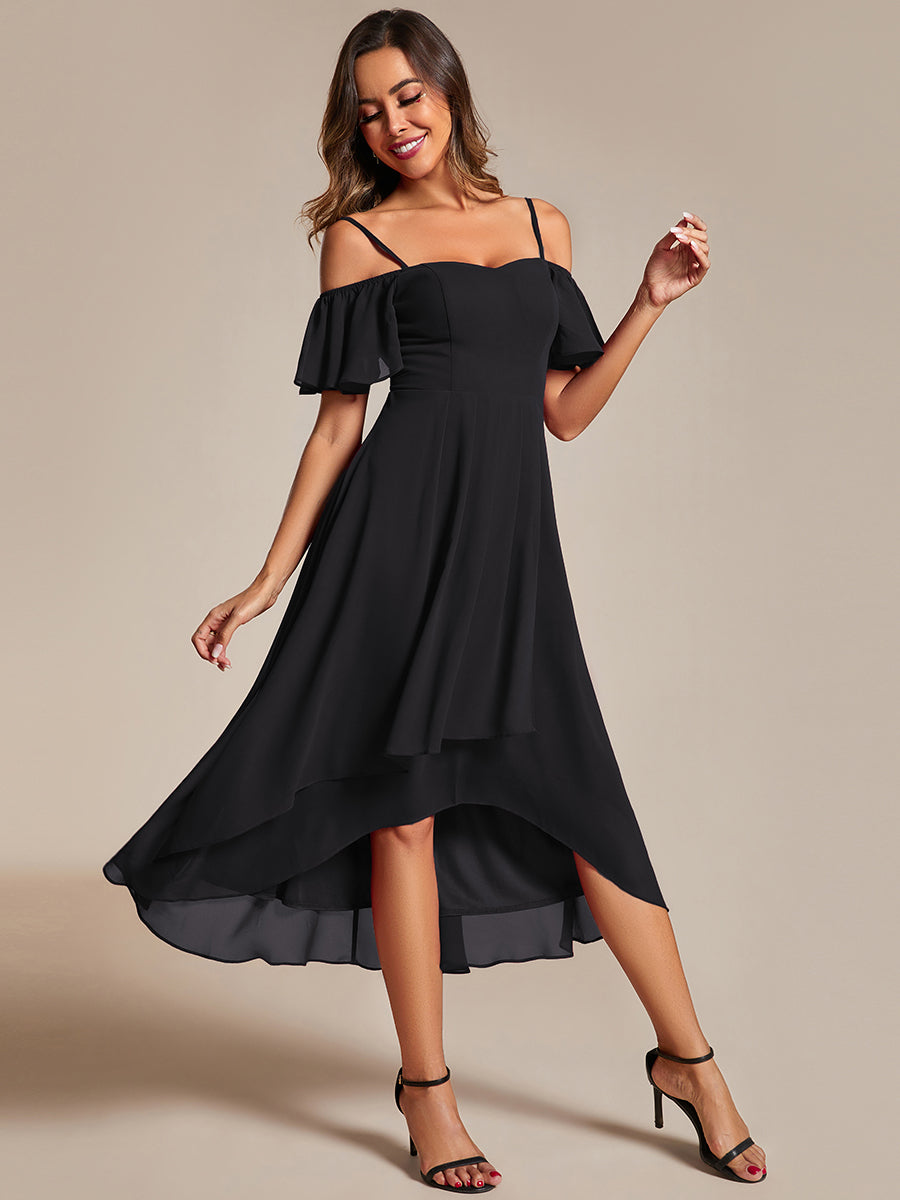 Chiffon Spaghetti Strap Cold Shoulder Tea Length Wedding Guest Dress - CALABRO®