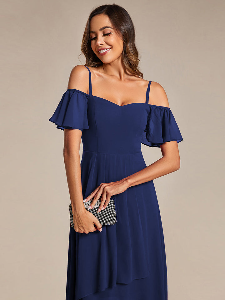 Chiffon Spaghetti Strap Cold Shoulder Tea Length Wedding Guest Dress - CALABRO®