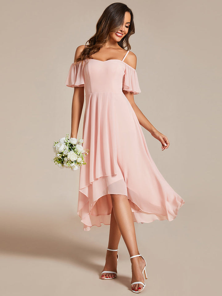 Chiffon Spaghetti Strap Cold Shoulder Tea Length Wedding Guest Dress - CALABRO®