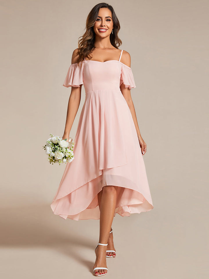 Chiffon Spaghetti Strap Cold Shoulder Tea Length Wedding Guest Dress - CALABRO®