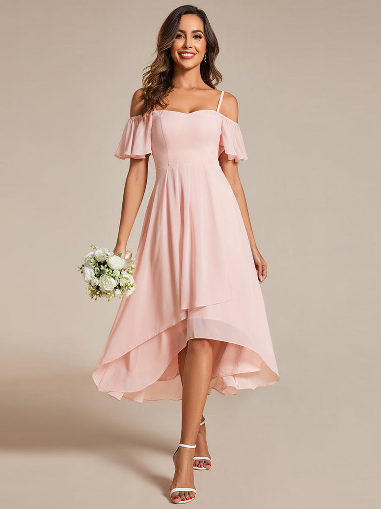 Chiffon Spaghetti Strap Cold Shoulder Tea Length Wedding Guest Dress