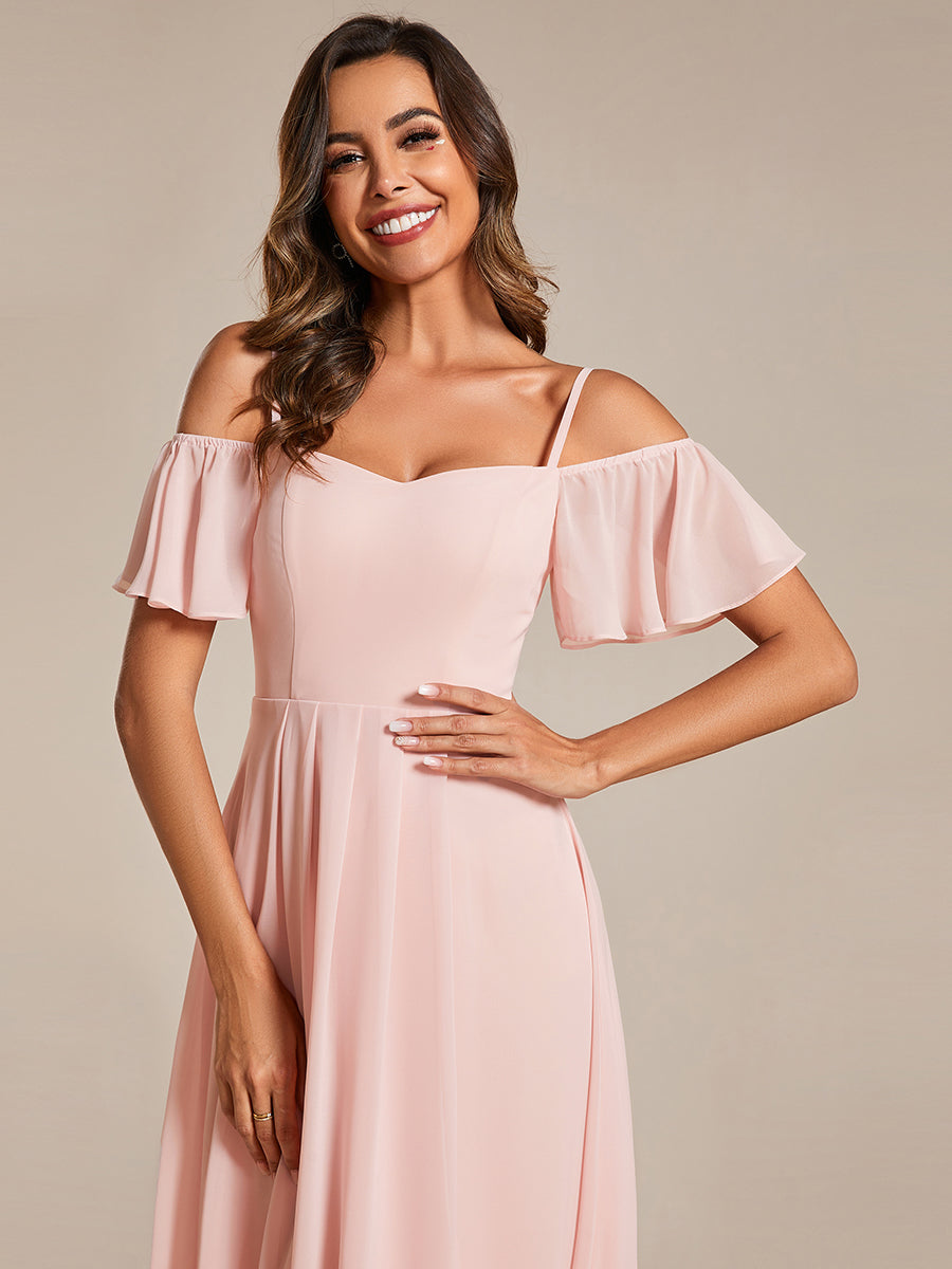 Chiffon Spaghetti Strap Cold Shoulder Tea Length Wedding Guest Dress - CALABRO®