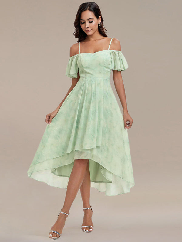 Chiffon Spaghetti Strap Cold Shoulder Tea Length Wedding Guest Dress