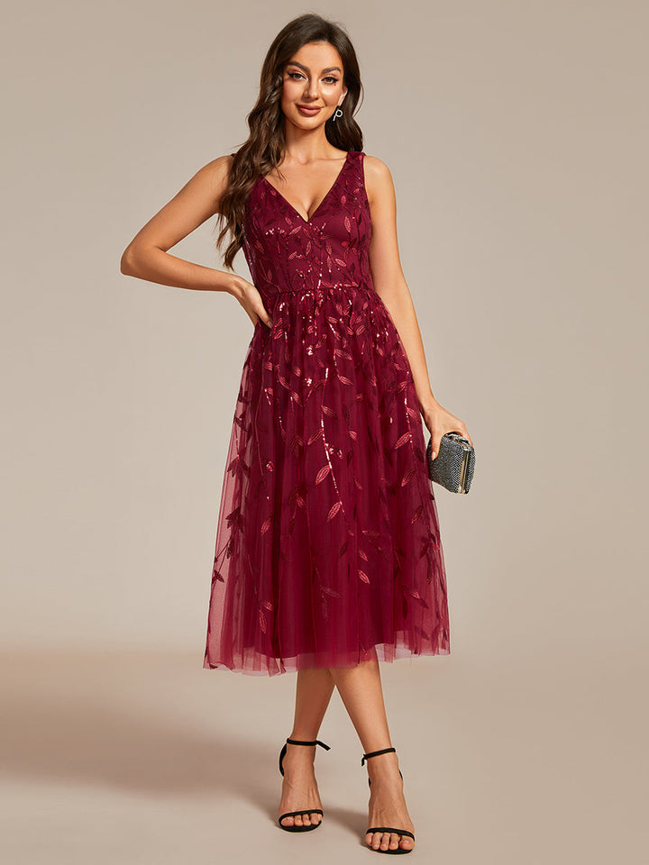 V-Neck Sequin Midi Wedding Guest Dress With Sleeveless - CALABRO®