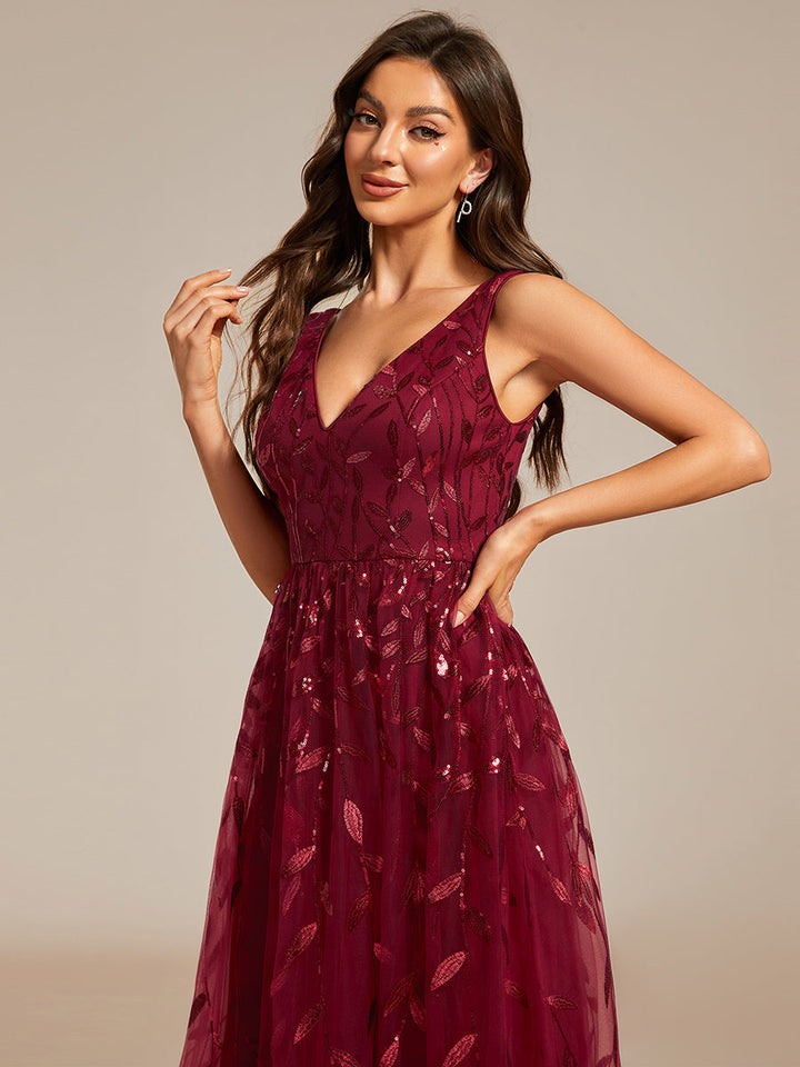 V-Neck Sequin Midi Wedding Guest Dress With Sleeveless - CALABRO®