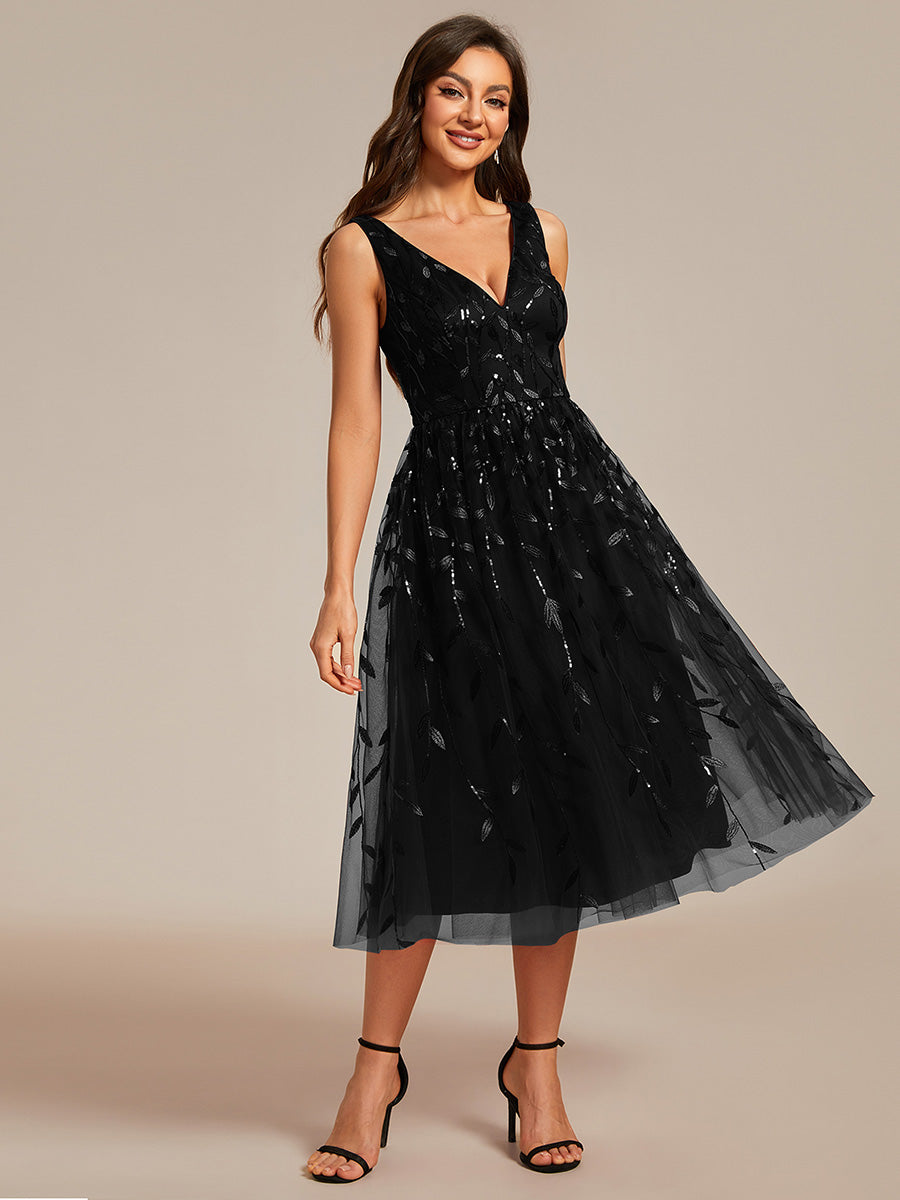 V-Neck Sequin Midi Wedding Guest Dress With Sleeveless - CALABRO®