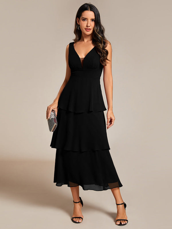 Spaghetti Strap Tiered Ruffle Hem Midi Length Wedding Guest Dress