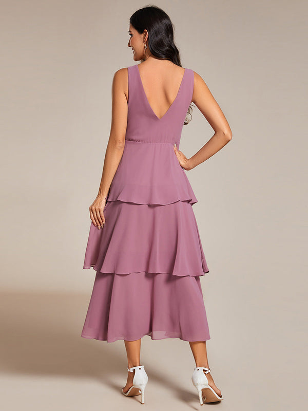 Spaghetti Strap Tiered Ruffle Hem Midi Length Wedding Guest Dress