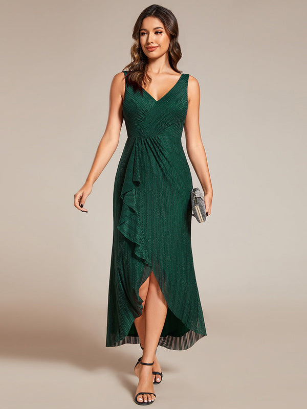 Shimmer V Neck Midi Length Wedding Guest Dress With Spaghetti Straps