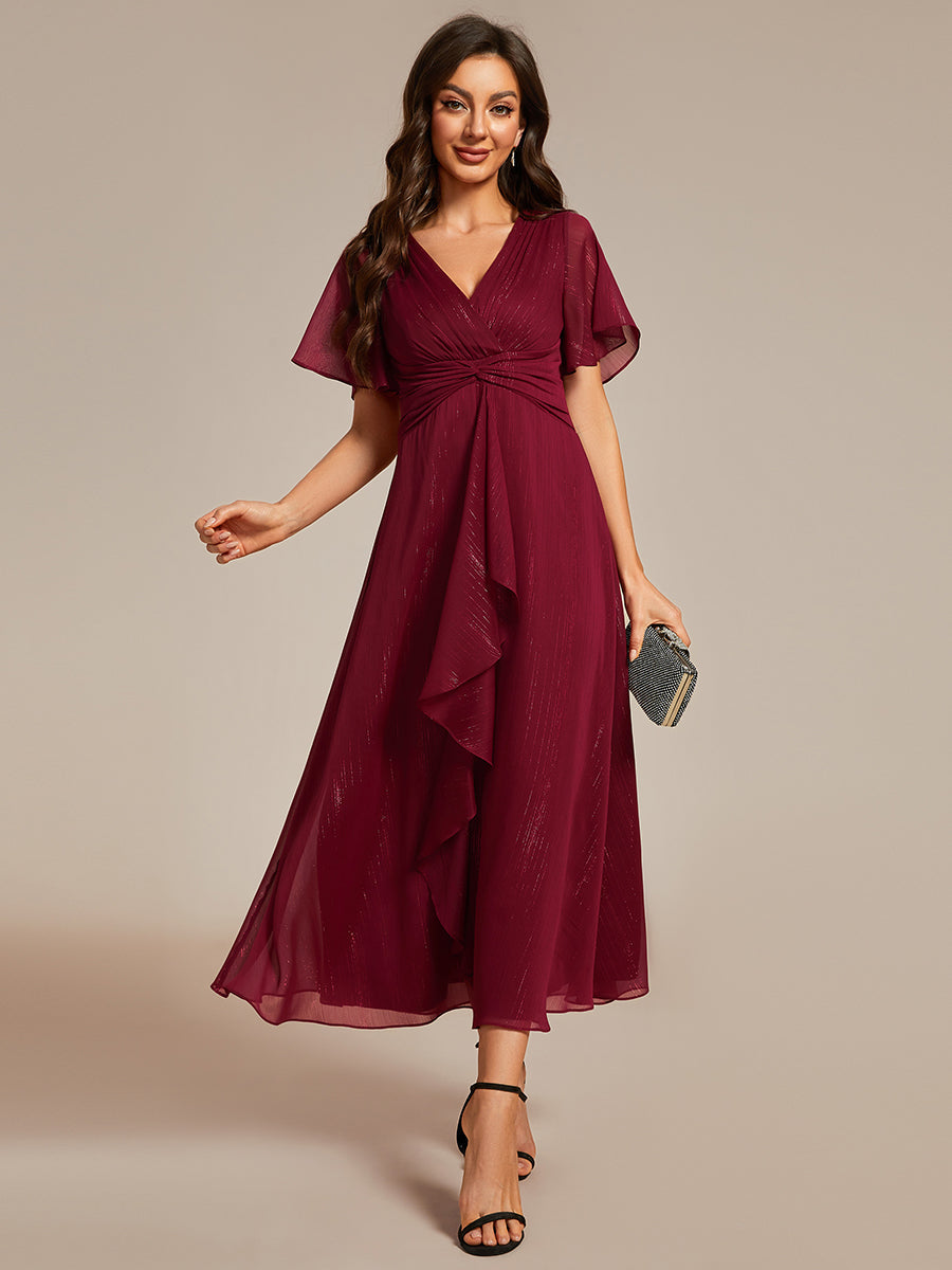 Shimmer V Neck Tea Length Wedding Guest Dress With Short Sleeves - CALABRO®