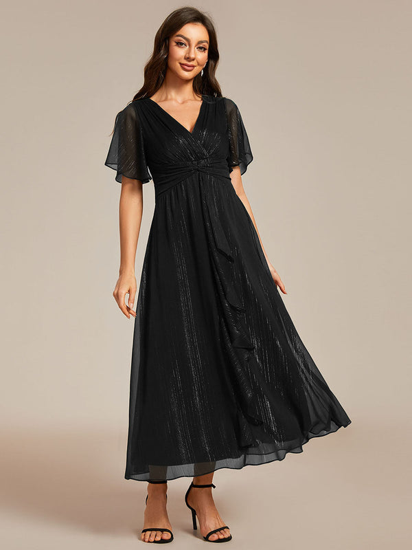 Shimmer V Neck Tea Length Wedding Guest Dress With Short Sleeves