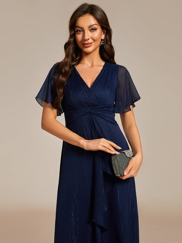 Shimmer V Neck Tea Length Wedding Guest Dress With Short Sleeves