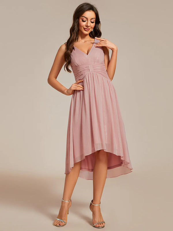 Glittery Spaghetti Straps Knee Length Bowknot Bridesmaid Dress