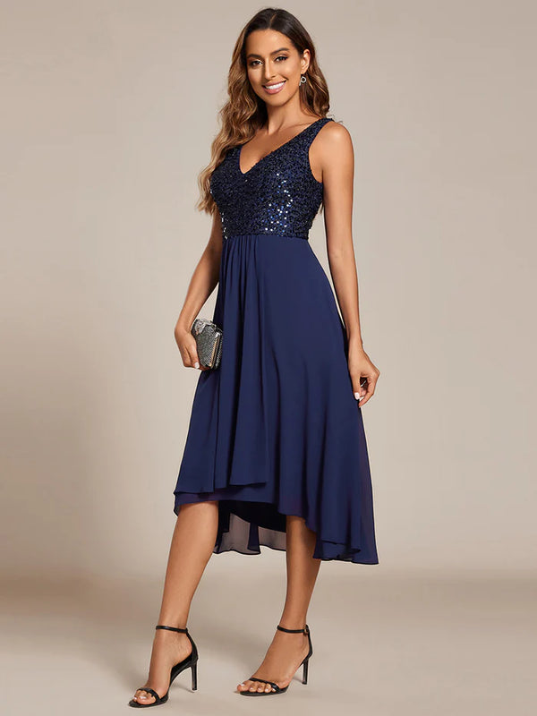 Elegant A-Line Empire Waist Midi Length Chiffon Sequin Dresses Sleeveless Evening Dress