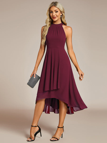 Elegant Halter Neckline Asymmetric Midi Lining Length fold stream Empire Waist Chiffon Dresses