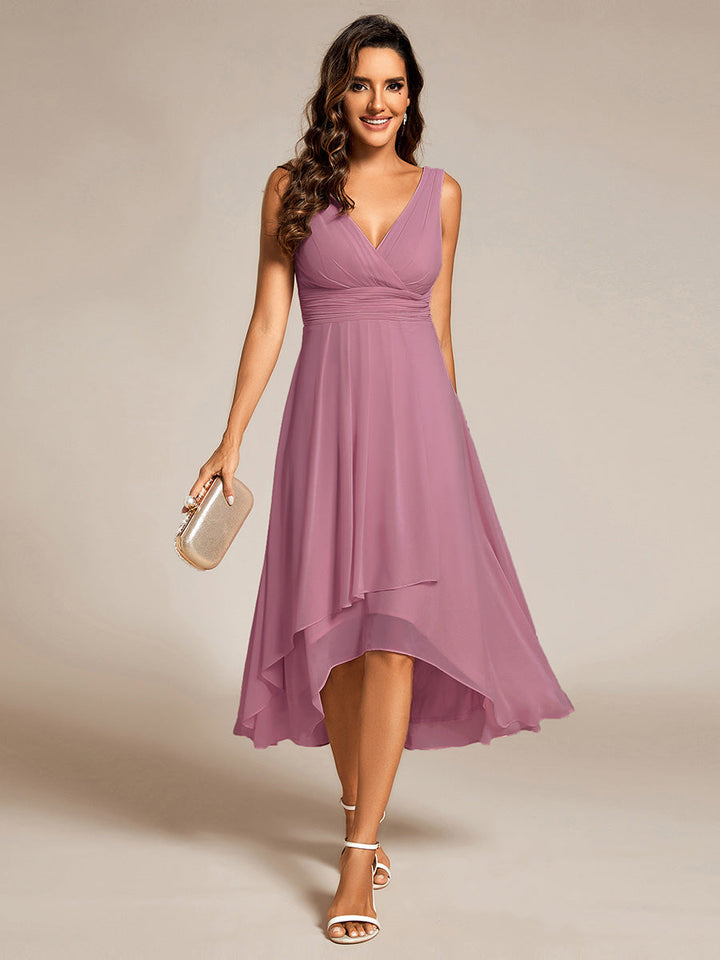 Graceful Asymmetric A-Line Pleated Empire Waist Chiffon Dresses V Neck Strapless Wedding Guest Dress - CALABRO®