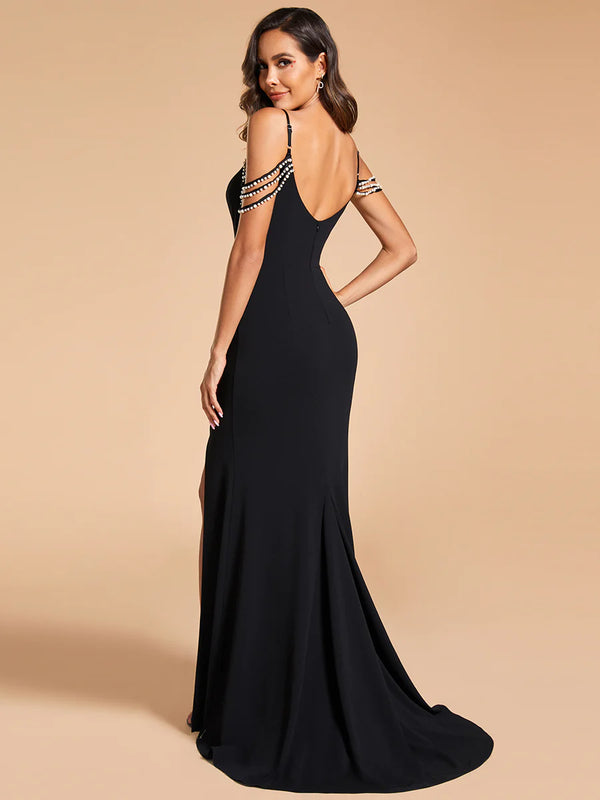 Fine Halter Side Split Fishtail Black Wedding Dresses