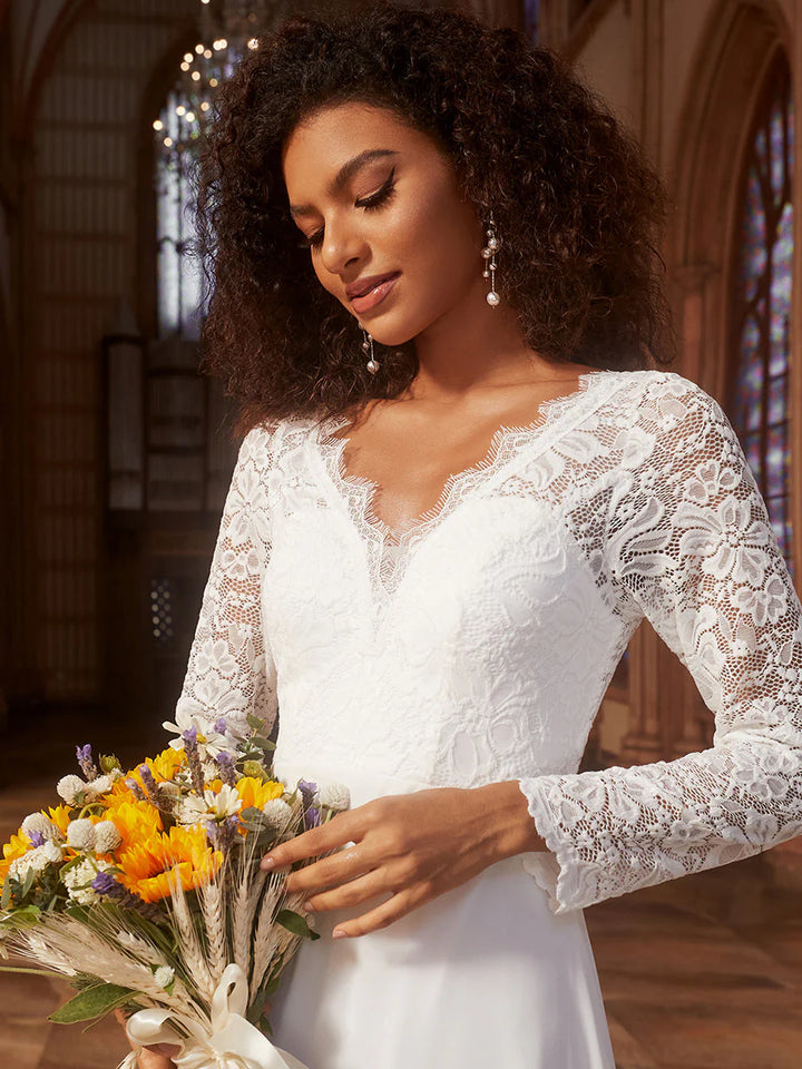 Elegant Hollow Lace V Neck Wedding Dresses