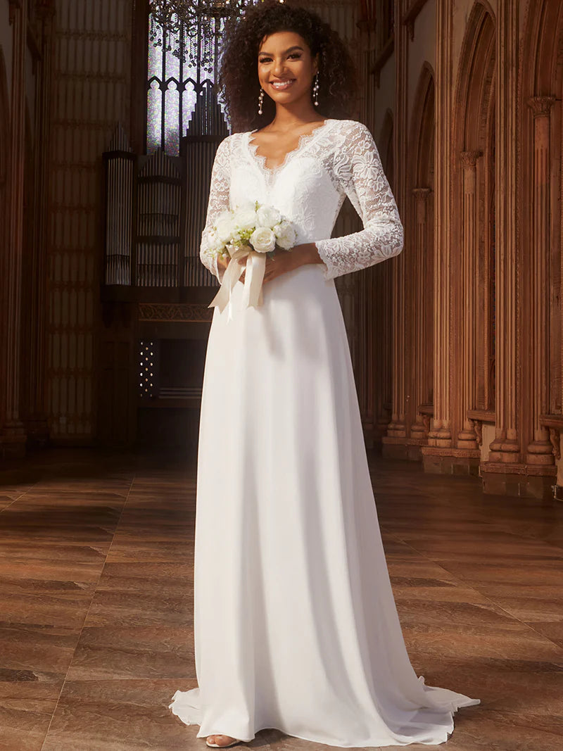 Elegant Hollow Lace V Neck Wedding Dresses - CALABRO®