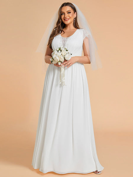 Plus Size Hollow Pleated V-Neck Simple Wedding Dress with Short Sleeves