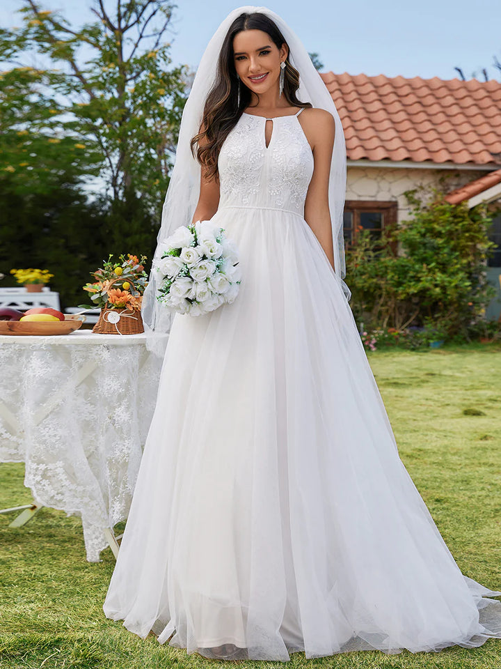 Elegant A-Line Floor Length Keyhole Neck Sleeveless Wedding Dress - CALABRO®