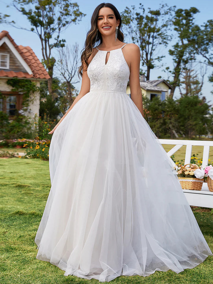 Elegant A-Line Floor Length Keyhole Neck Sleeveless Wedding Dress - CALABRO®