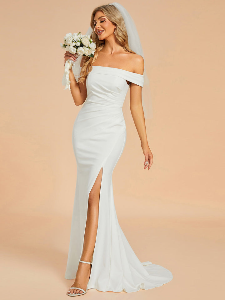 Maxi Long Side Split Wedding Dresses With Off Shoulder - CALABRO®