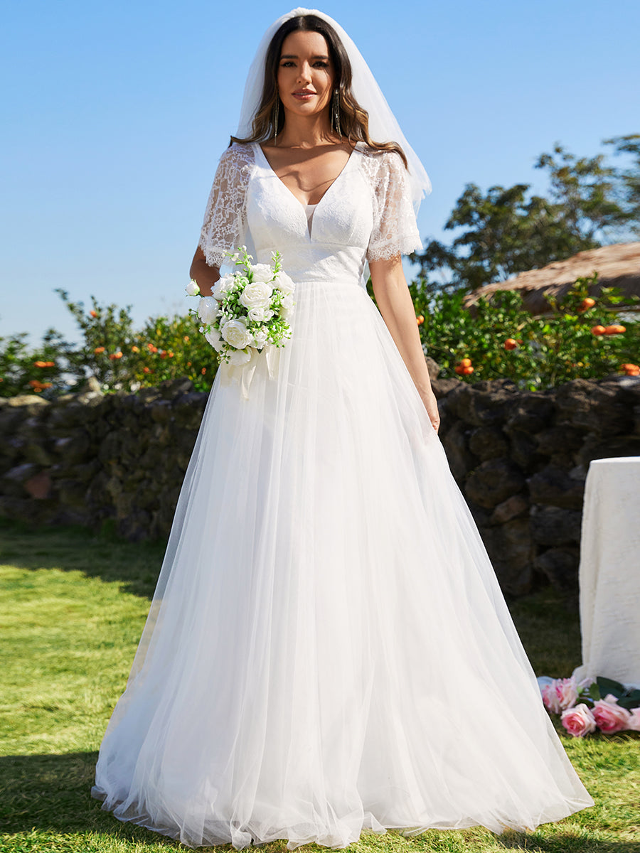 A-line V-Neck Lace Wedding Dresses With Embroidery - CALABRO®