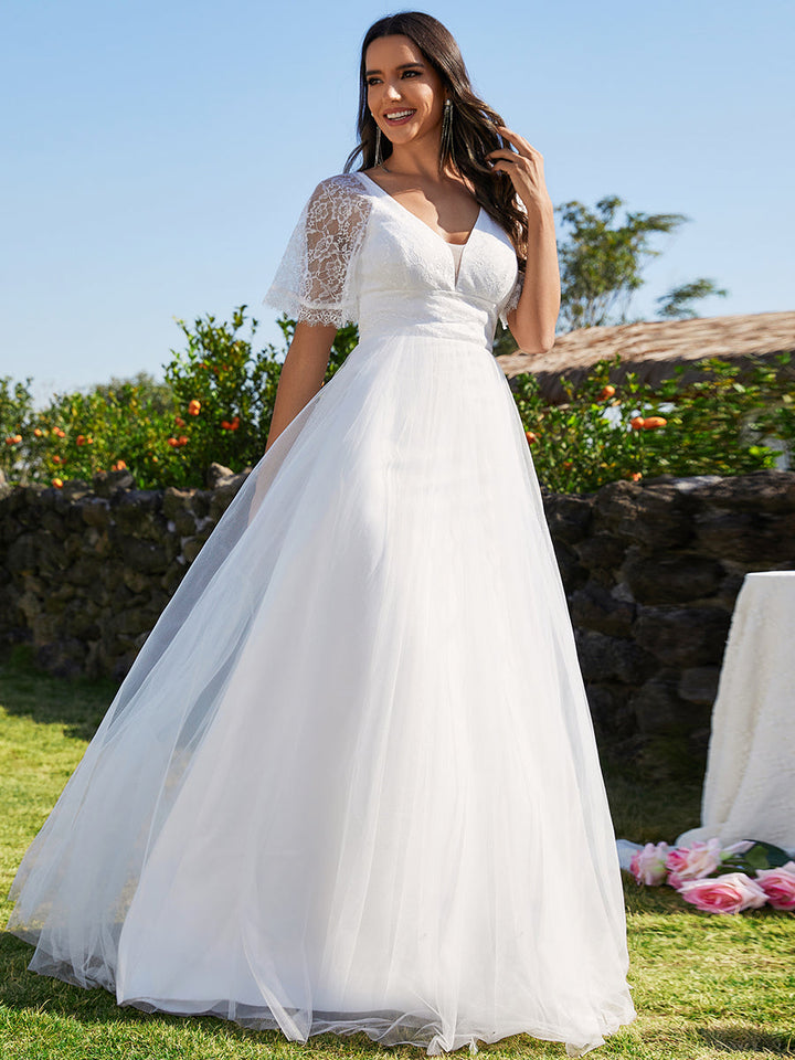 A-line V-Neck Lace Wedding Dresses With Embroidery - CALABRO®