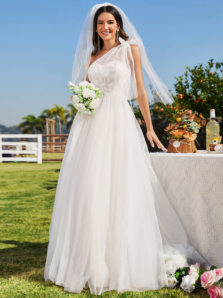 Beaded Asymmetric Bowknot Shoulder Sleveeless Wedding Dress - CALABRO®