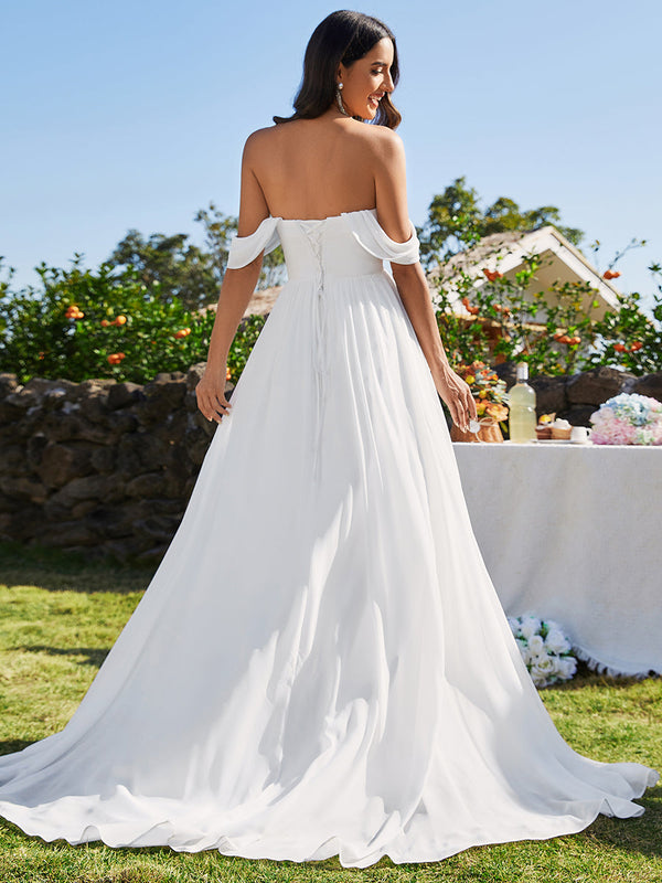 Off Shoulder Chiffon Wedding Dressees With Half Sleeves