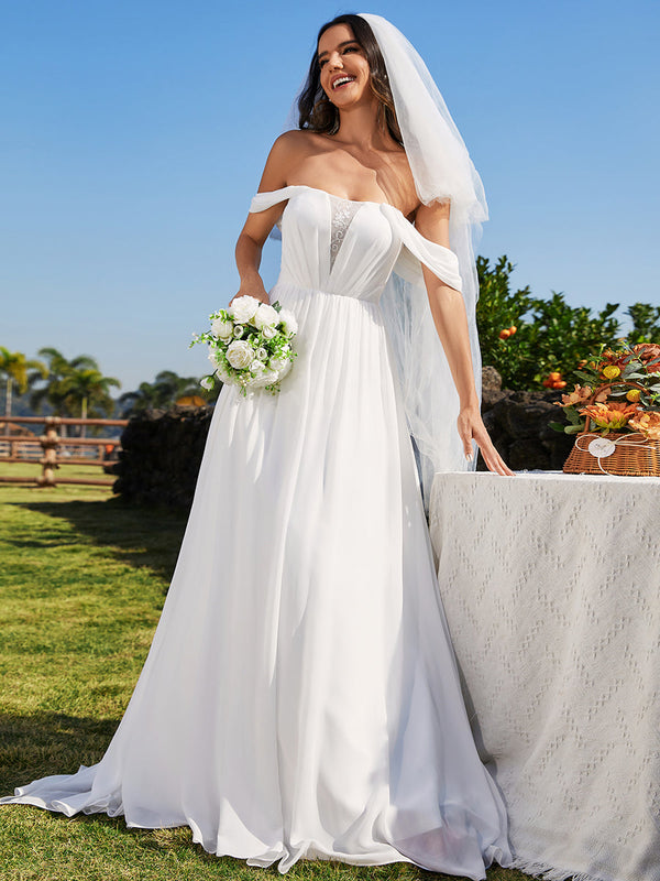 Off Shoulder Chiffon Wedding Dressees With Half Sleeves