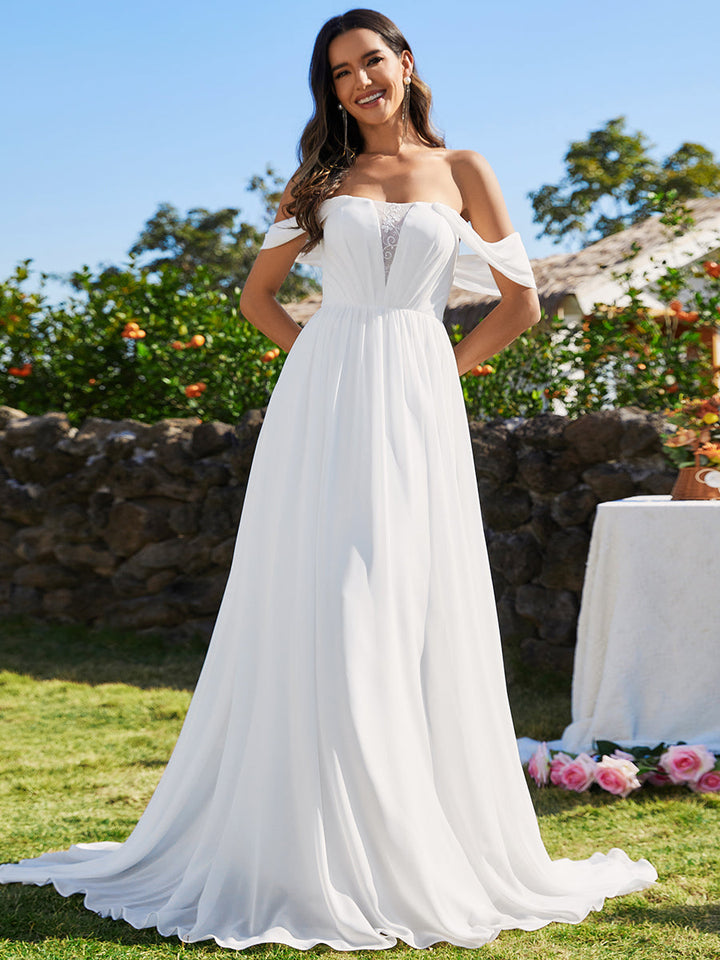 Off Shoulder Chiffon Wedding Dressees With Half Sleeves - CALABRO®