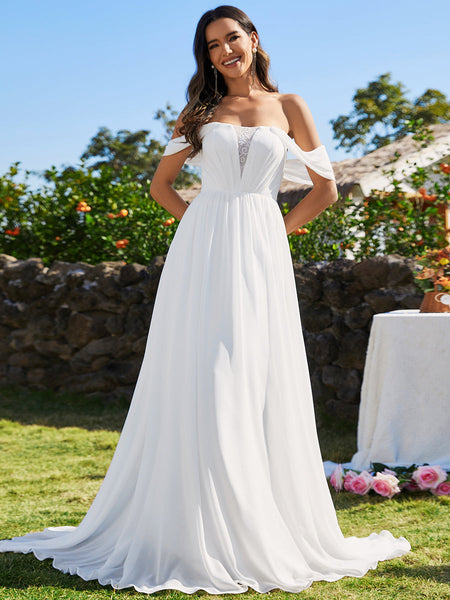 Off Shoulder Chiffon Wedding Dressees With Half Sleeves